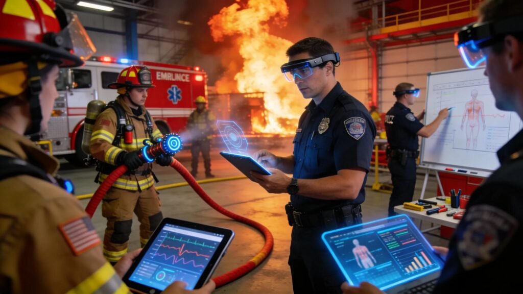 First responders training collaboratively in a high-tech emergency simulation with IoT sensors